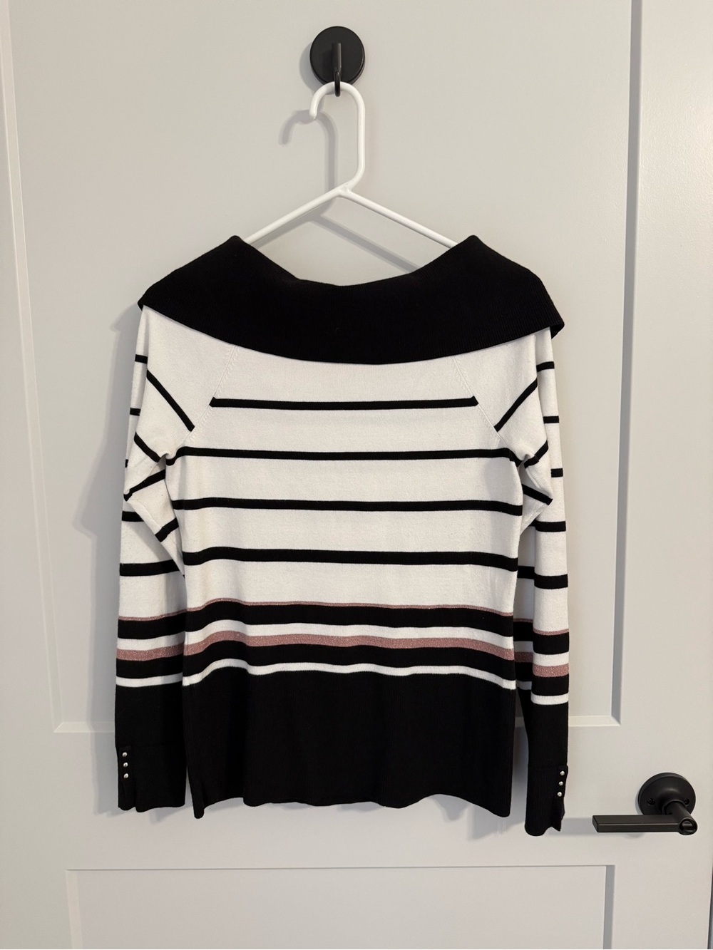White House Black Market Striped Off Shoulder Sweater Small Black White Pink